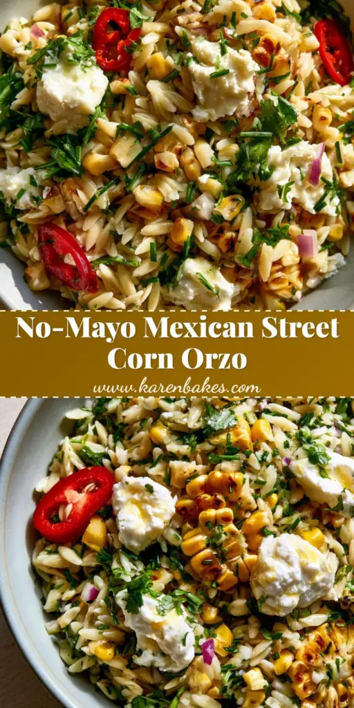 A vertical Pinterest pin showing a close-up of grilled corn orzo salad with charred corn, feta, and red jalapeños in a grey bowl. (grilled corn orzo salad)