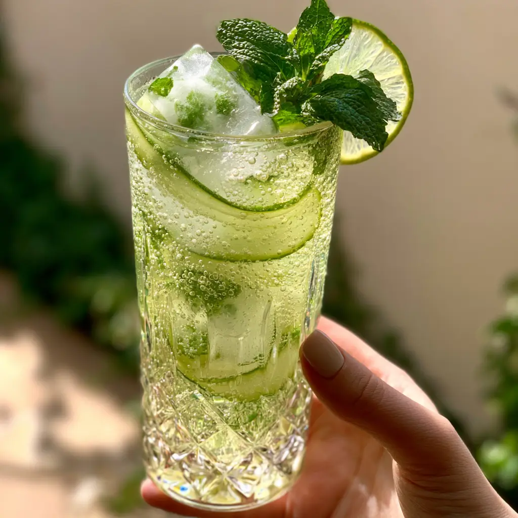 Close up of a hand holding a Cucumber Punch glass with clear ice and tiny mint leaves. (Cucumber Punch)