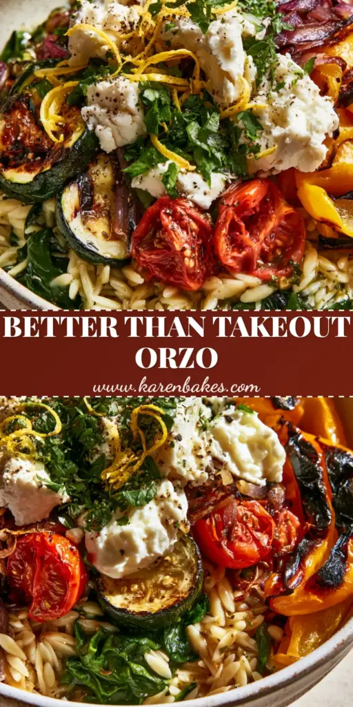 A rustic bowl of roasted vegetable orzo featuring charred zucchini, blistered tomatoes, yellow peppers, and chunky feta cheese with lemon zest.