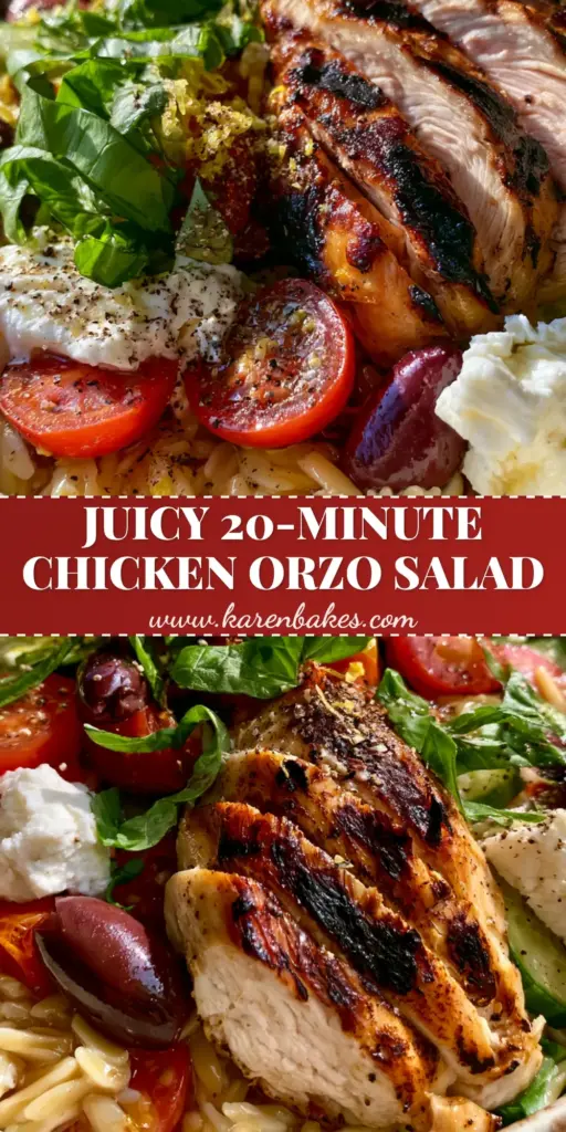 Grilled Chicken Orzo Salad with Lemon Herb Vinaigrette 3 A vertical Pinterest-optimized shot of a Grilled Chicken Orzo Salad in a ceramic bowl with charred chicken and fresh basil.