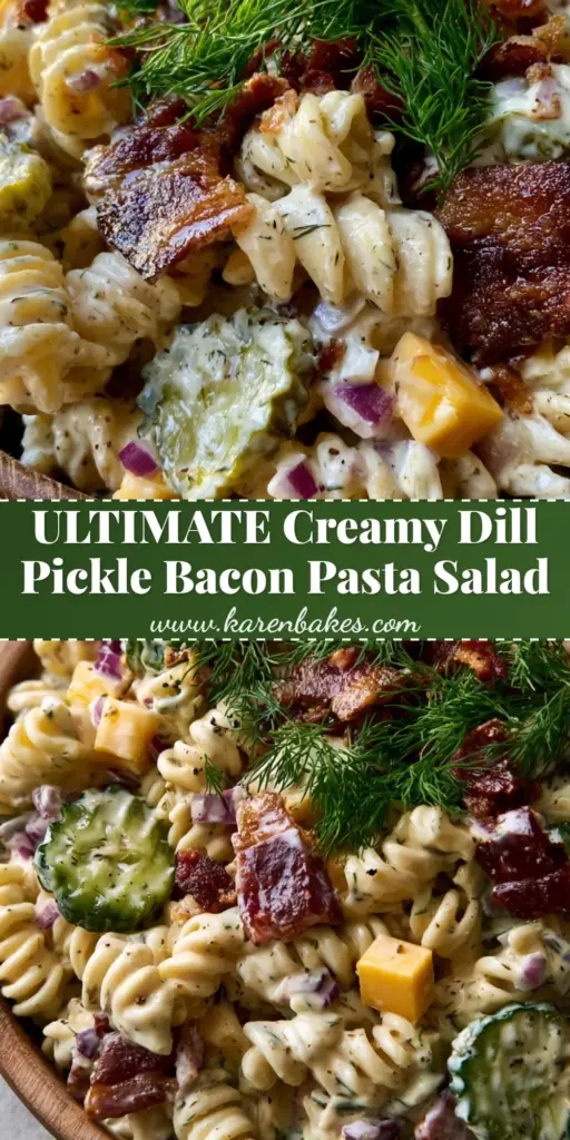 A tall vertical view of creamy dill pickle pasta salad with rotini, crispy bacon, and cheddar cubes in a wooden bowl. (dill pickle pasta salad)