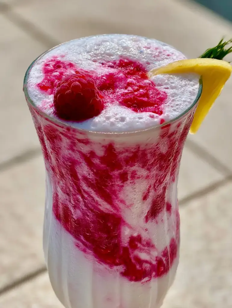 Close up of a raspberry piña colada in a modern glass with visible frost condensation and a frothy airy top.
