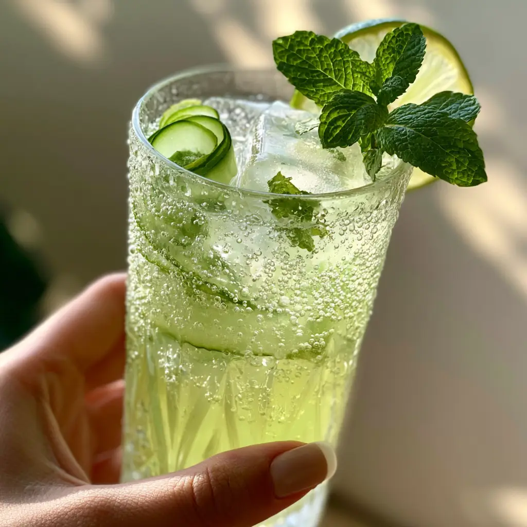 Sparkling carbonation bubbles clinging to cucumber ribbons in a crystal glass.