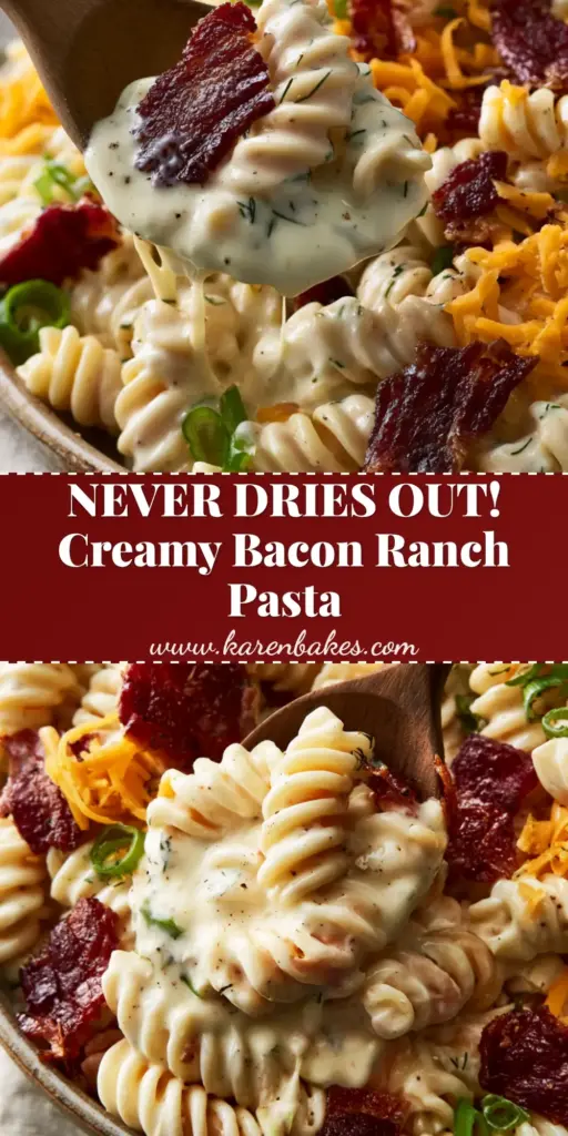 A close-up shot of ranch pasta salad in a ceramic bowl with a wooden spoon lifting a creamy portion showing crispy bacon and cheddar cheese.