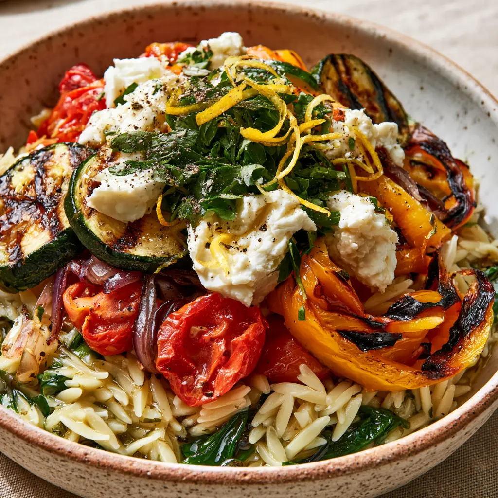 Close up shot of roasted vegetable orzo highlighting charred zucchini half-moons and split cherry tomato skins.