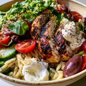 Extreme close up of Grilled Chicken Orzo Salad showing glistening pasta, charred chicken marks, and crumbled feta cheese.