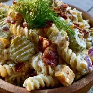 Extreme macro close-up of rotini pasta smothered in thick off-white dill dressing with crinkle-cut pickles. (dill pickle pasta salad)