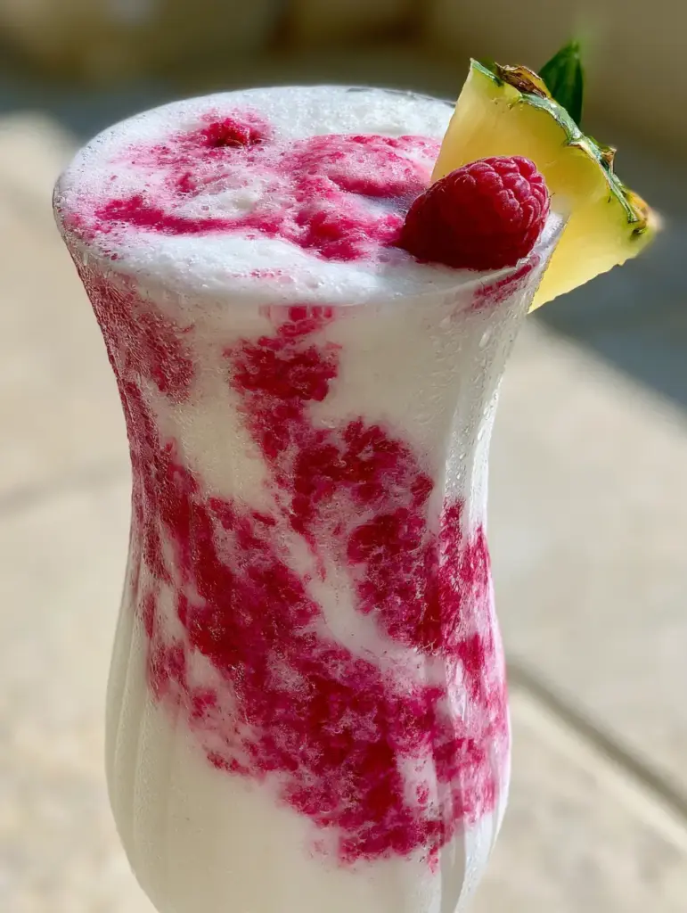 A smartphone photo of a raspberry piña colada held against a light stone patio in natural sunlight.