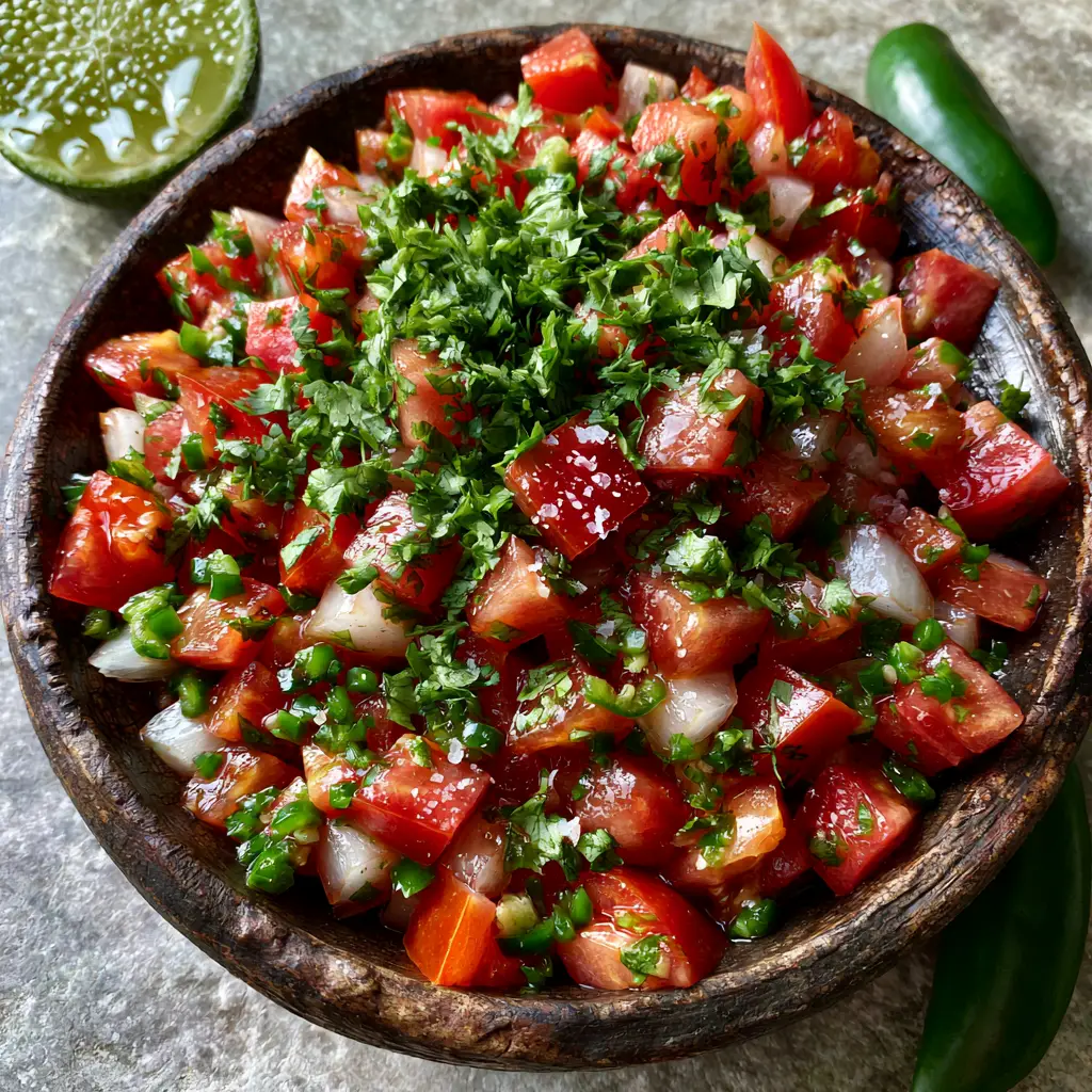 Detailed view of seedless Roma tomatoes and pearlescent white onions in a dry clay bowl for authentic Pico de Gallo.