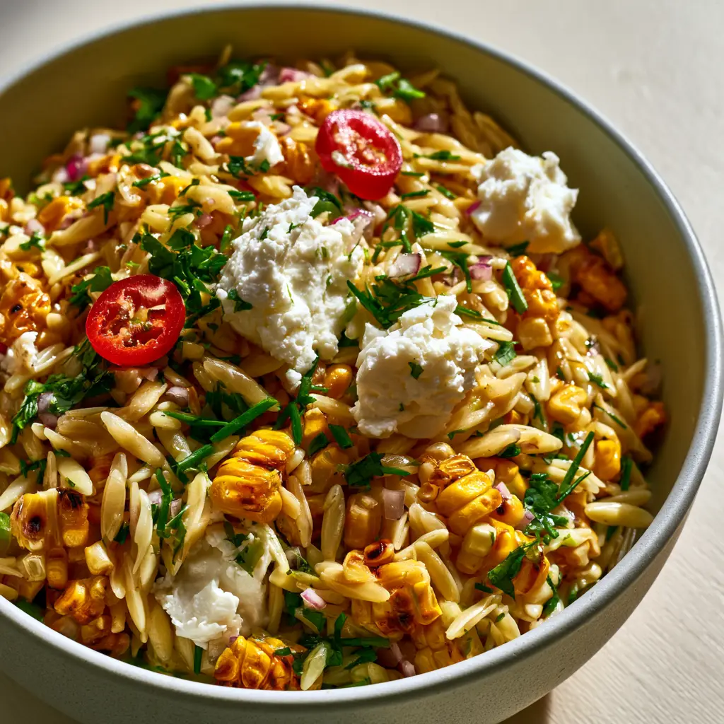Close up of al dente orzo pearls mixed with charred corn kernels and sliced red jalapeños in a grilled corn orzo salad.