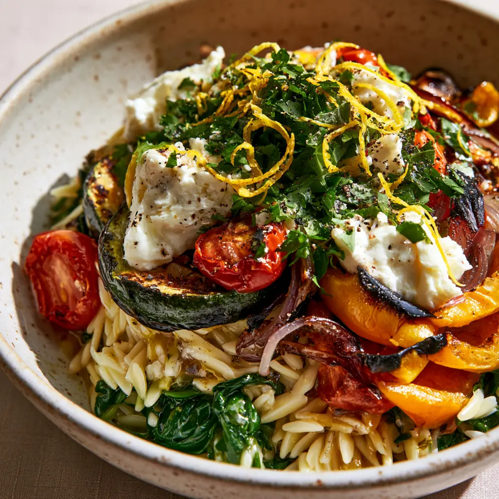 Wide shot of a speckled ceramic bowl filled with Mediterranean roasted vegetable orzo garnished with lemon zest curls and fresh parsley.