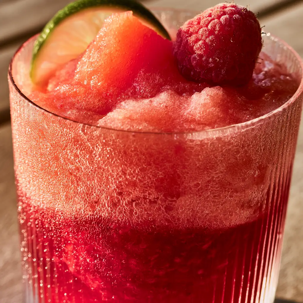Top view garnish detail showing a fuzzy raspberry and translucent lime wheel on a slushie.