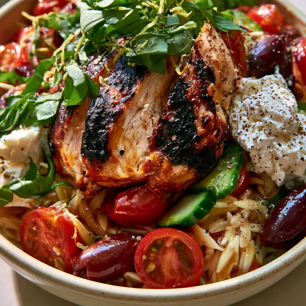 Grilled Chicken Orzo Salad with Lemon Herb Vinaigrette 1 Top-down view of the Grilled Chicken Orzo Salad featuring red cherry tomatoes and purple kalamata olives.