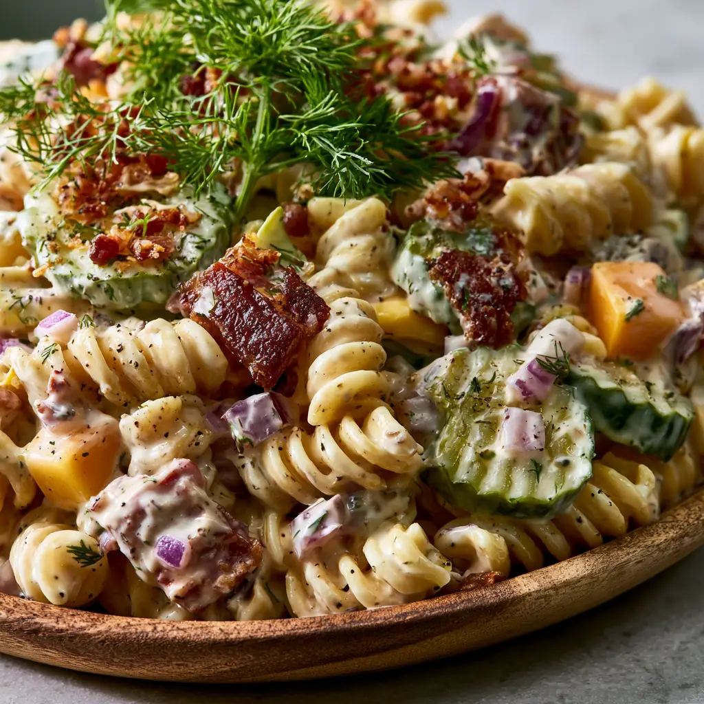 Authentic smartphone photo of a rustic bowl of dill pickle pasta salad with fresh dill and crispy bacon chunks.
