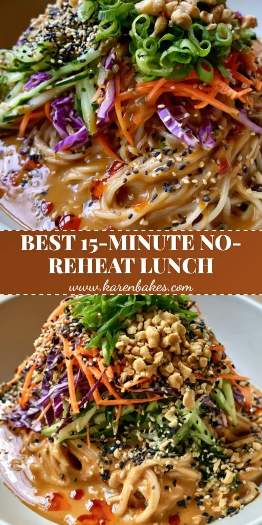 Sesame Noodle Salad with Creamy Peanut Dressing and Crunchy Vegetables 4 A vibrant cold sesame noodle salad topped with julienned carrots, cucumbers, and purple cabbage in a white bowl. (sesame noodle salad)