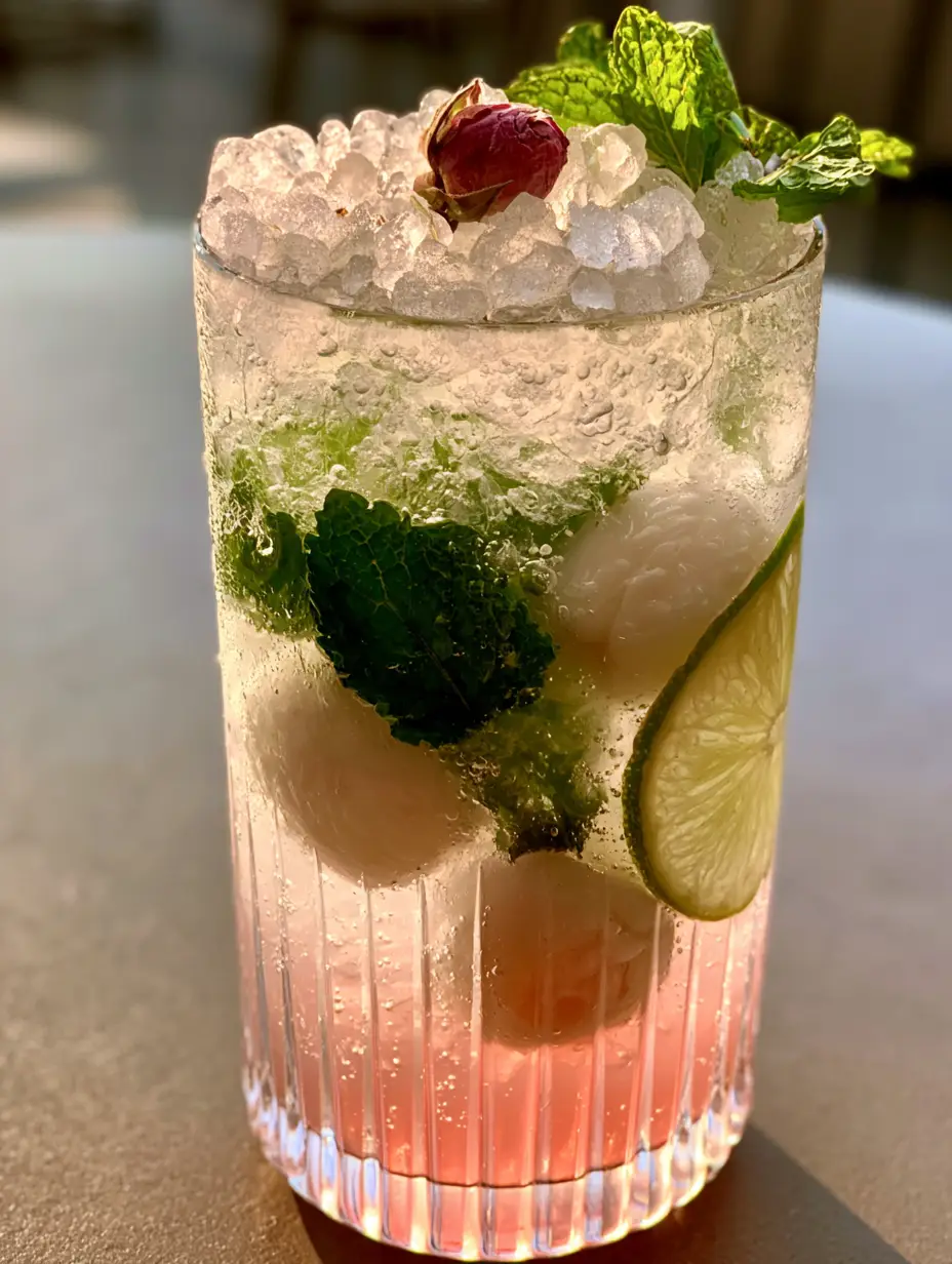 Close up of a Lychee Rose Mojito showing the blush pink gradient and sparkling bubbles in a ribbed glass.