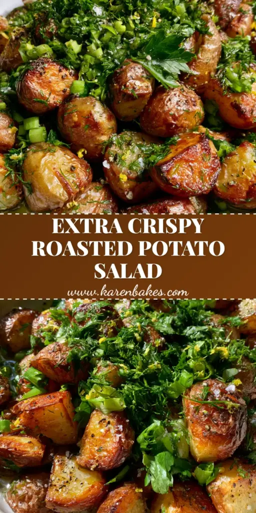 A shallow ceramic bowl overflowing with crispy roasted gold potato salad, garnished with a dense topping of fresh dill, scallions, and lemon zest curls.