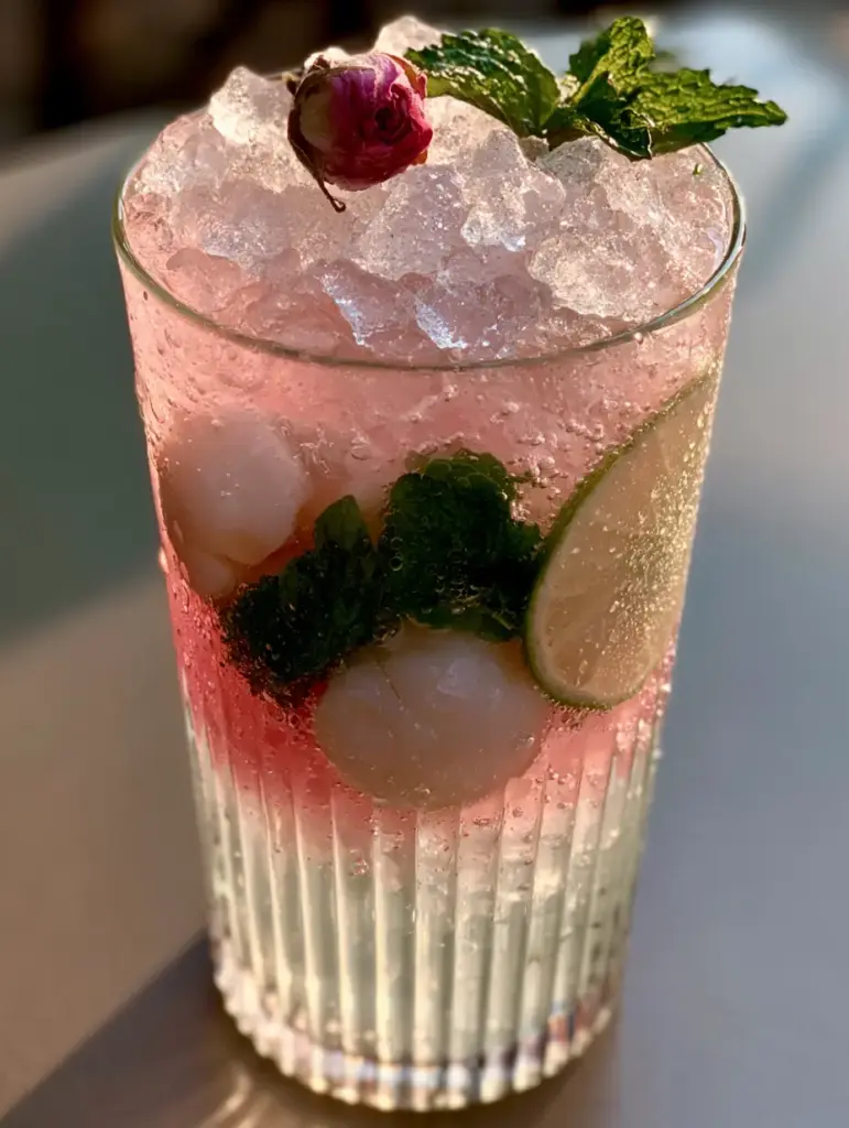 A handheld smartphone photo of a Lychee Rose Mojito on a cafe table, showing realistic condensation droplets and a dried rose garnish.