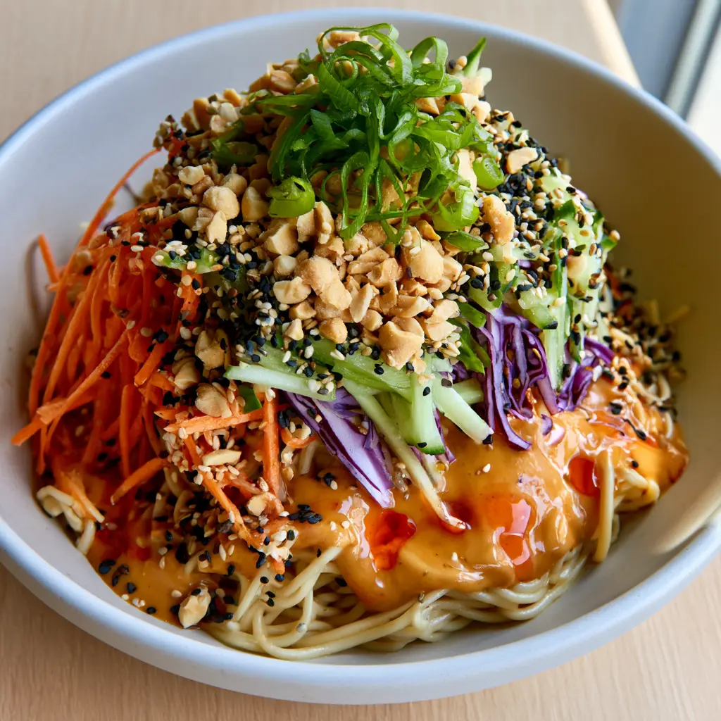 Sesame Noodle Salad with Creamy Peanut Dressing and Crunchy Vegetables 2 High-angle close-up of amber-hued peanut sauce coating thin wheat noodles in a sesame noodle salad. (sesame noodle salad)