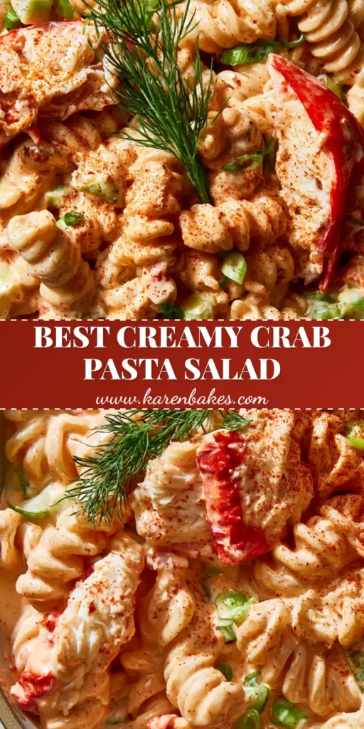 A close-up shot of creamy Crab Pasta Salad with rotini, chunky imitation crab, and Old Bay seasoning, styled for Pinterest.