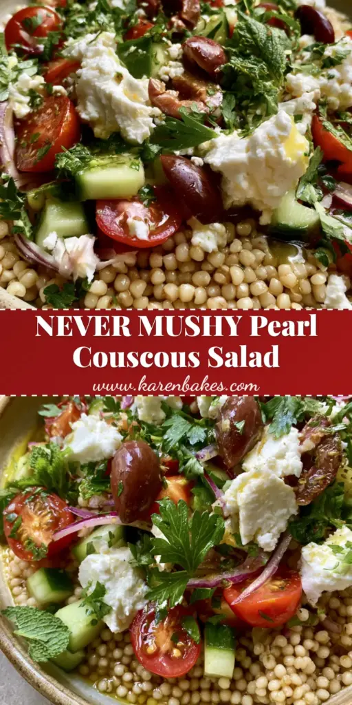 A close-up shot of Mediterranean Pearl Couscous Salad in a rustic bowl showing glistening grains, feta chunks, and vibrant vegetables.