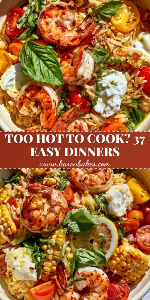 A handheld smartphone photo of buttery orzo pasta topped with charred corn, red and yellow heirloom tomatoes, and jumbo seared shrimp with grill marks. (Summer Dinner Recipes)