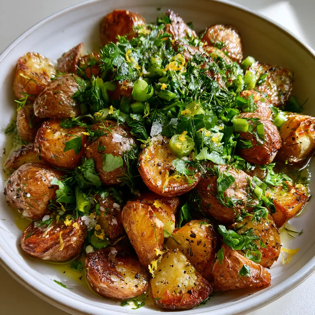 A handheld smartphone photo showing the craggy, crunchy texture of roasted gold potato wedges in a white artisan bowl.