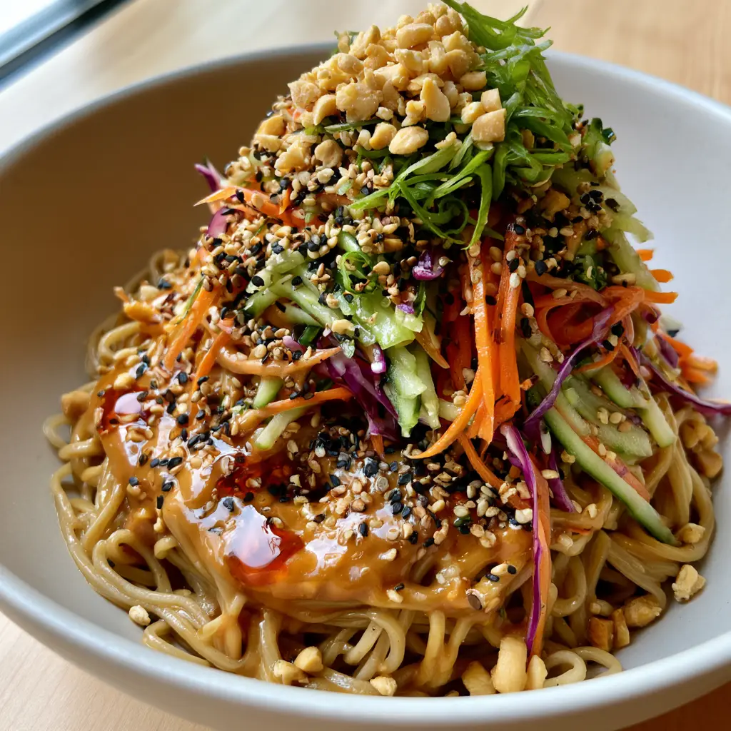 Sesame Noodle Salad with Creamy Peanut Dressing and Crunchy Vegetables 1 A mountain of fresh julienned purple cabbage, carrots, and cucumbers on top of a sesame noodle salad.