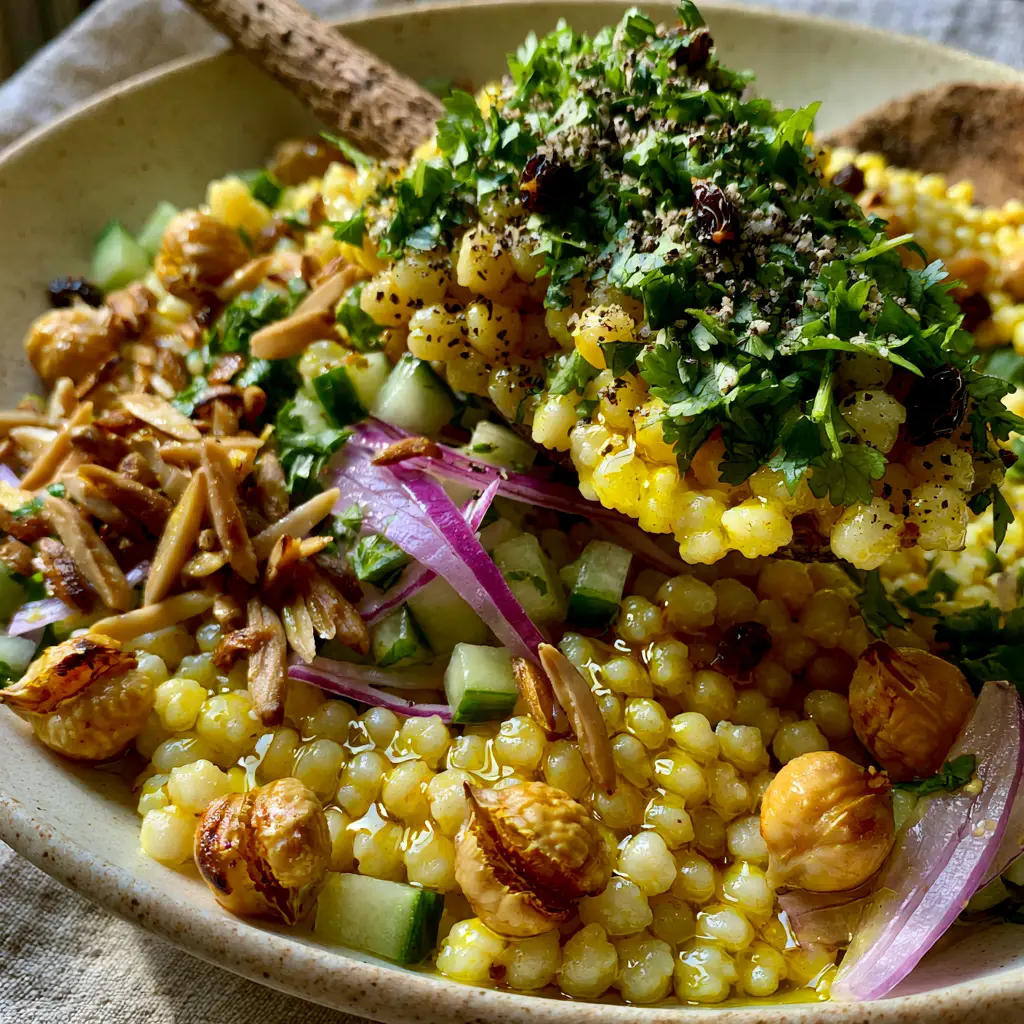 Macro view of glistening golden pearl couscous grains in a curried couscous salad with toasted almonds and dark currants.