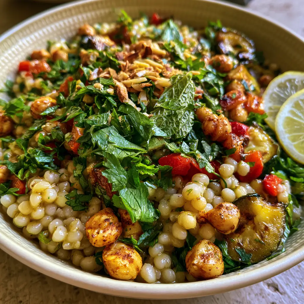 Moroccan Couscous Salad with Roasted Vegetables and Pearl Couscous 2 Macro eye-level photo of Moroccan couscous salad with charred red peppers and glistening lemon-herb vinaigrette.