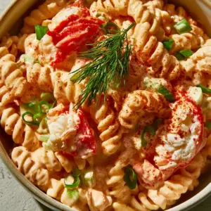 Top-down macro shot of Crab Pasta Salad in a grey bowl, showing thick glossy dressing and red Old Bay specks.