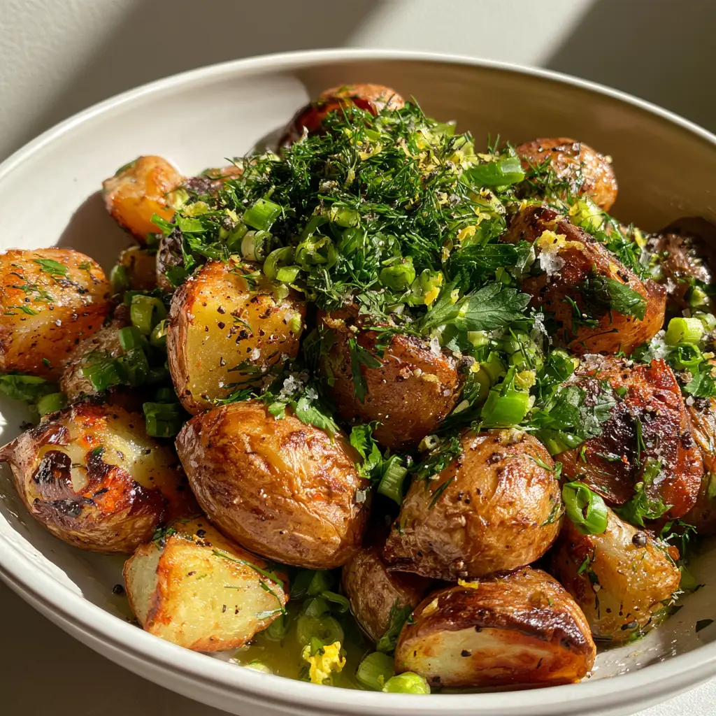 Close-up of Roasted Potato Salad with visible flakes of sea salt, cracked black pepper, and translucent herb oil.