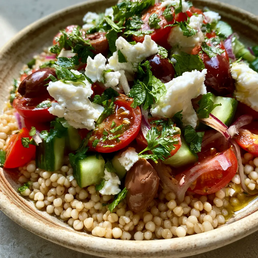 Macro top-down view of Mediterranean Pearl Couscous Salad with al dente grains, English cucumbers, and cherry tomatoes.
