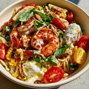 Top-down view of a vibrant orzo salad in a cream bowl featuring charred corn, basil, and shrimp with grill marks. (Summer Dinner Recipes)