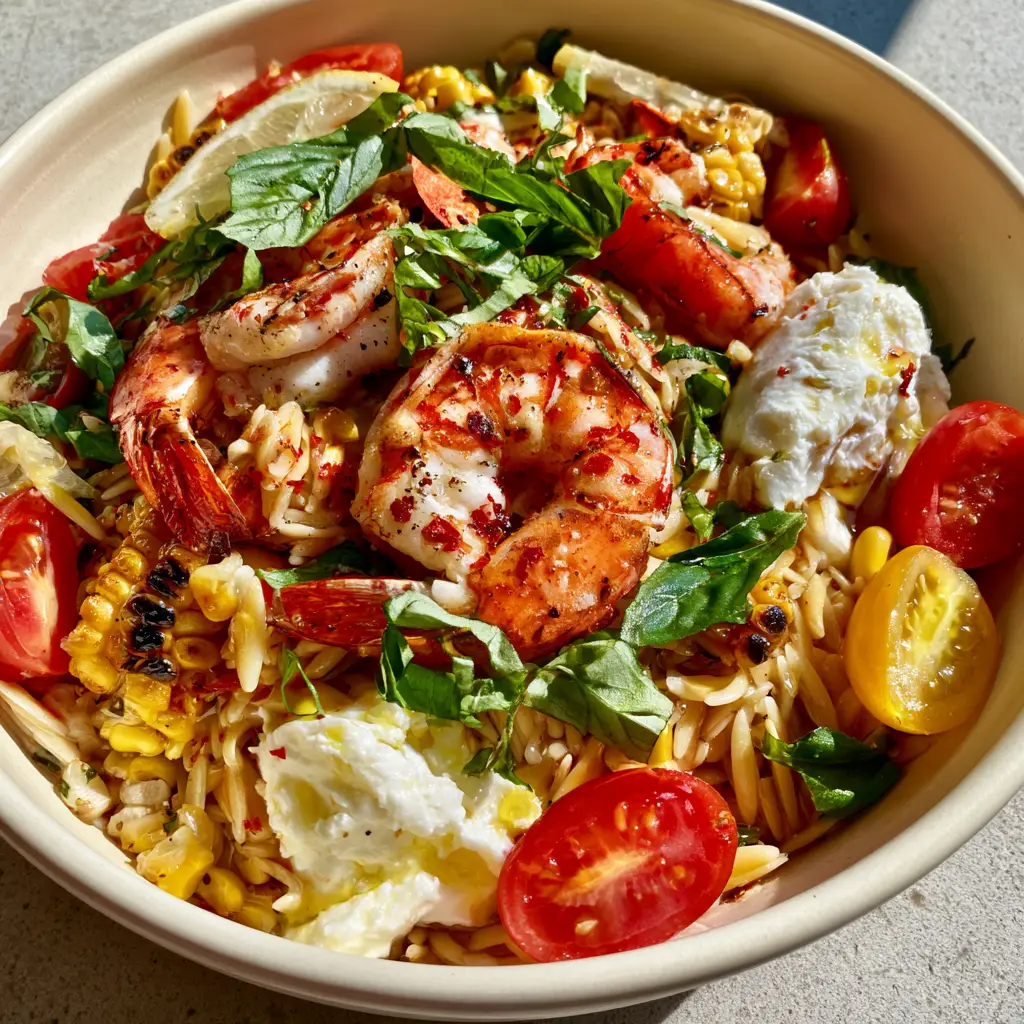 Top-down view of a vibrant orzo salad in a cream bowl featuring charred corn, basil, and shrimp with grill marks. (Summer Dinner Recipes)