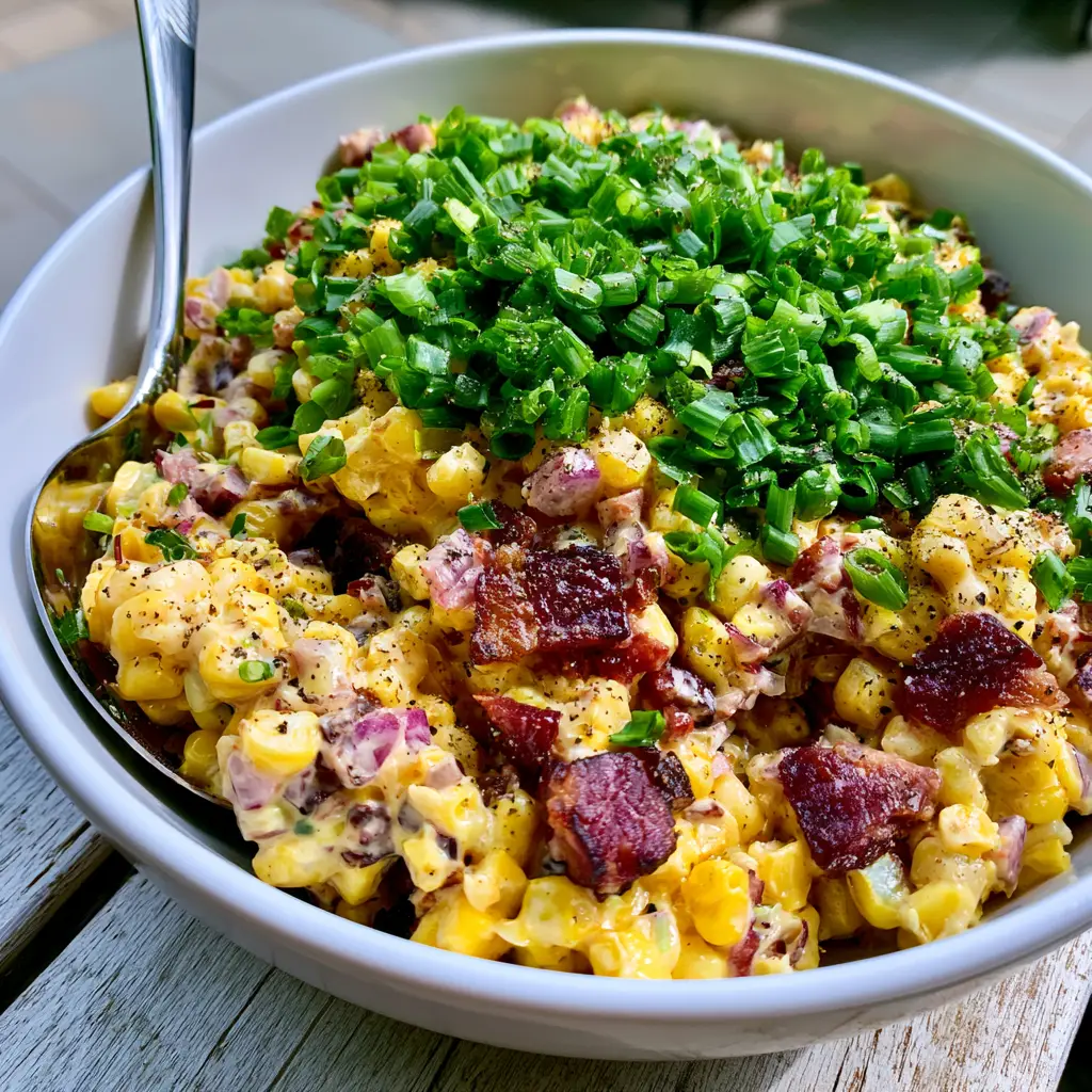 Top-down view of crack corn salad showing plump golden kernels and diced red onions.