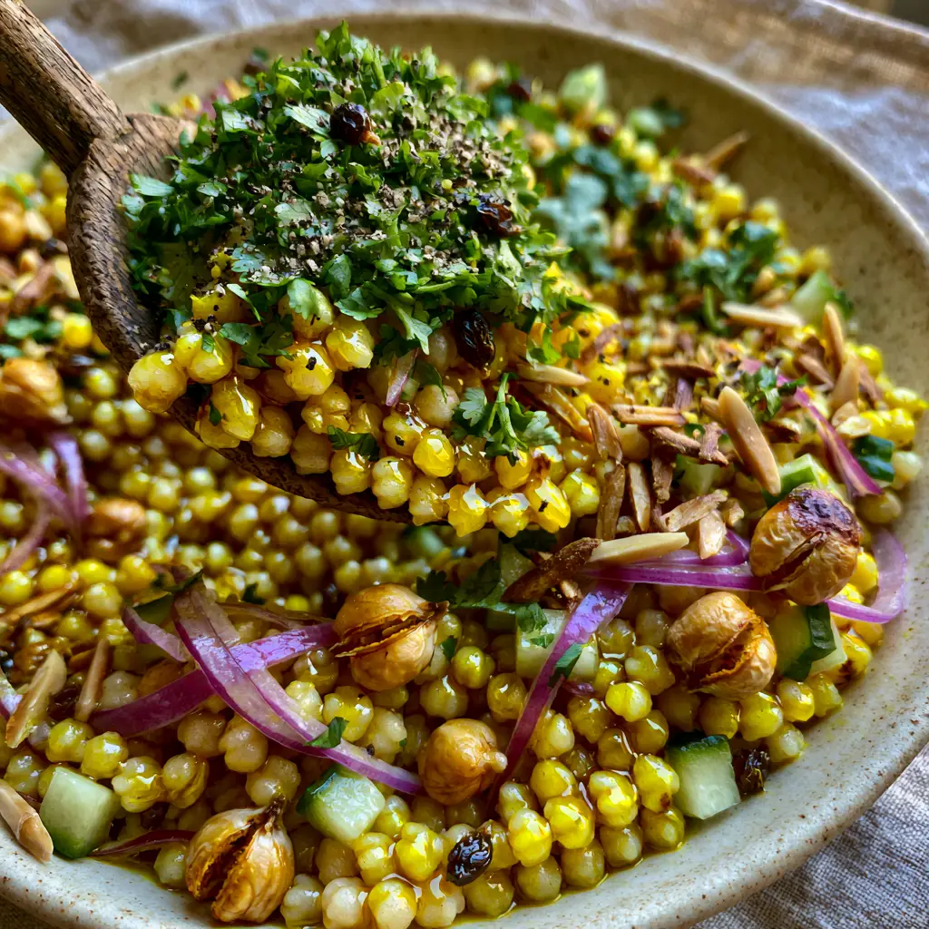 Eye-level shot of a rustic bowl of curried couscous salad with roasted chickpeas showing split skins and fresh diced cucumber.