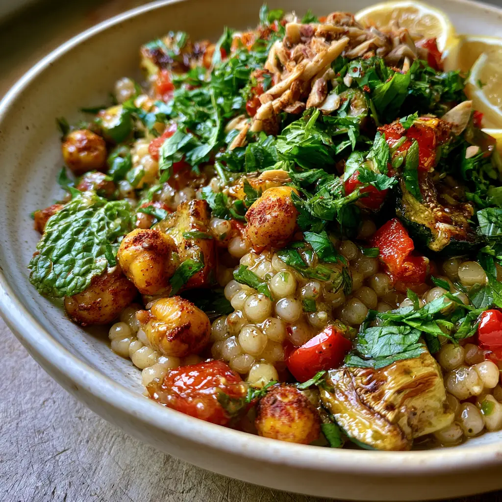 Moroccan Couscous Salad with Roasted Vegetables and Pearl Couscous 1 Plump pearl couscous grains mixed with caramelized zucchini and toasted almonds in a Moroccan couscous salad.