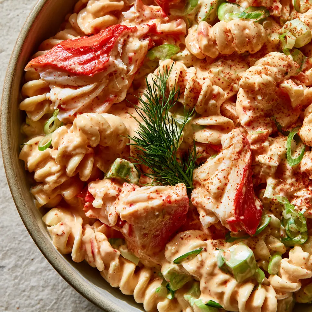 Close up of Crab Pasta Salad highlighting fresh dill sprigs and finely diced celery.