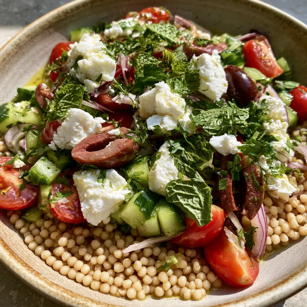 Top-down angled photo of vibrant Mediterranean Pearl Couscous Salad showing chunky feta and Kalamata olives.