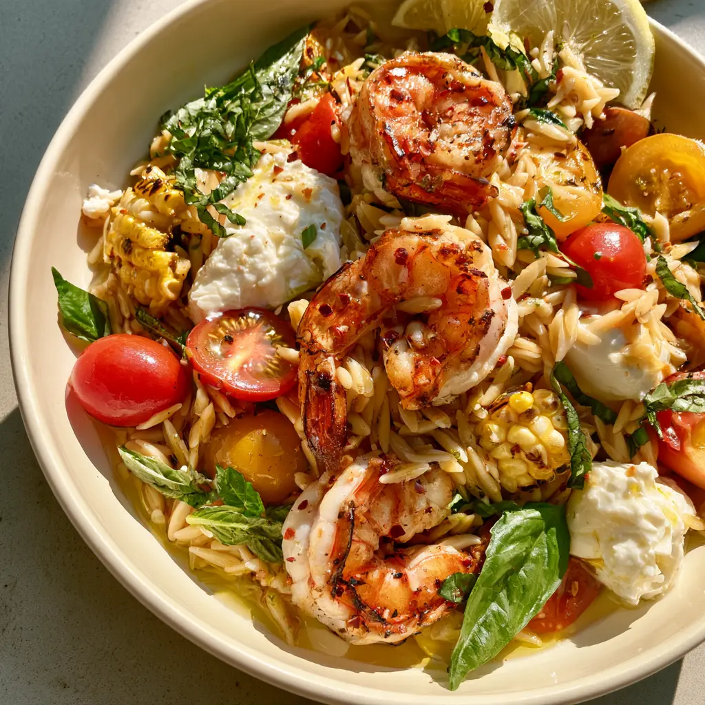 Close-up of chunky sheep milk feta and glossy lemon-herb oil over seared jumbo shrimp and buttery orzo.