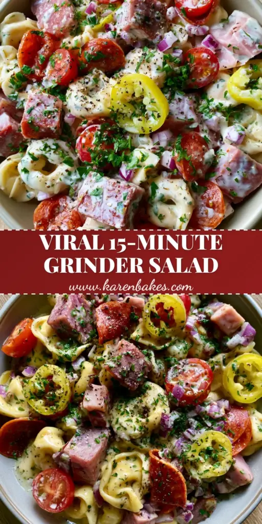 A close-up vertical shot of Italian Grinder Tortellini Salad in a bowl, showing cheese tortellini, salami, ham, and mini pepperoni coated in creamy dressing.