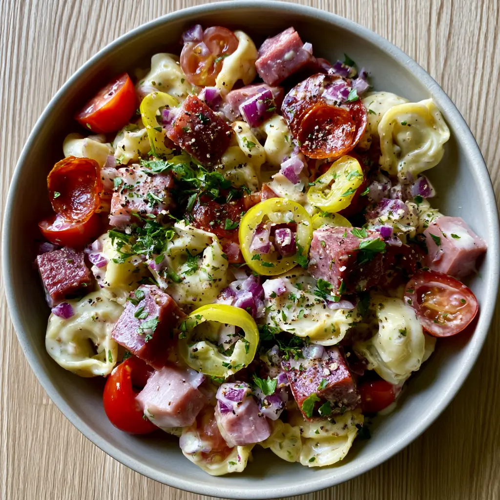 Top-down view of Italian Grinder Tortellini Salad in a matte white bowl featuring al dente pasta and vibrant vegetables. (Italian Grinder Tortellini Salad)