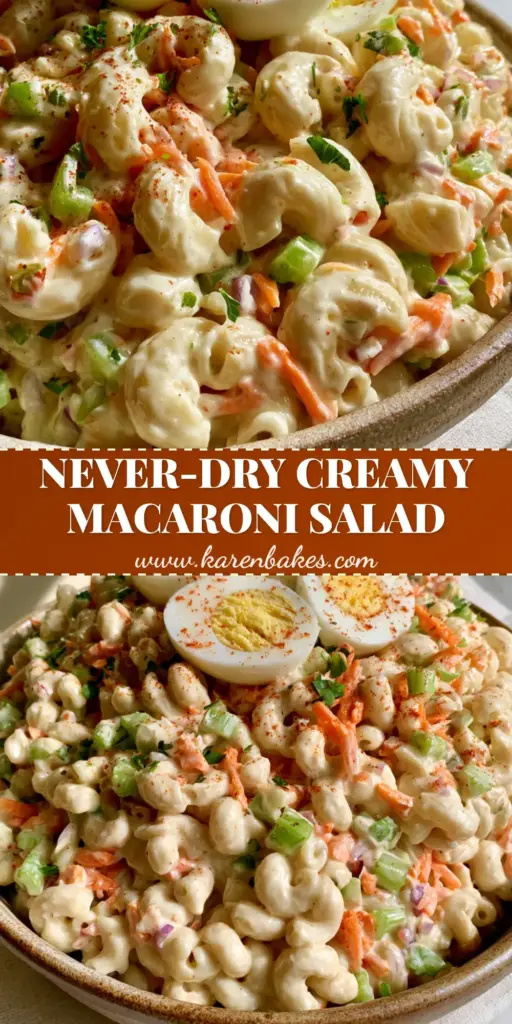 A large rustic ceramic bowl of creamy macaroni salad topped with sliced hard-boiled eggs and smoked paprika. (macaroni salad recipe)