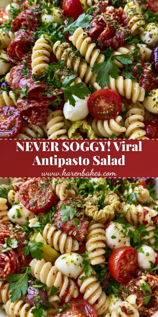 A close-up vertical shot of Italian Antipasto Pasta Salad with rotini, salami, and mozzarella pearls in a white bowl.
