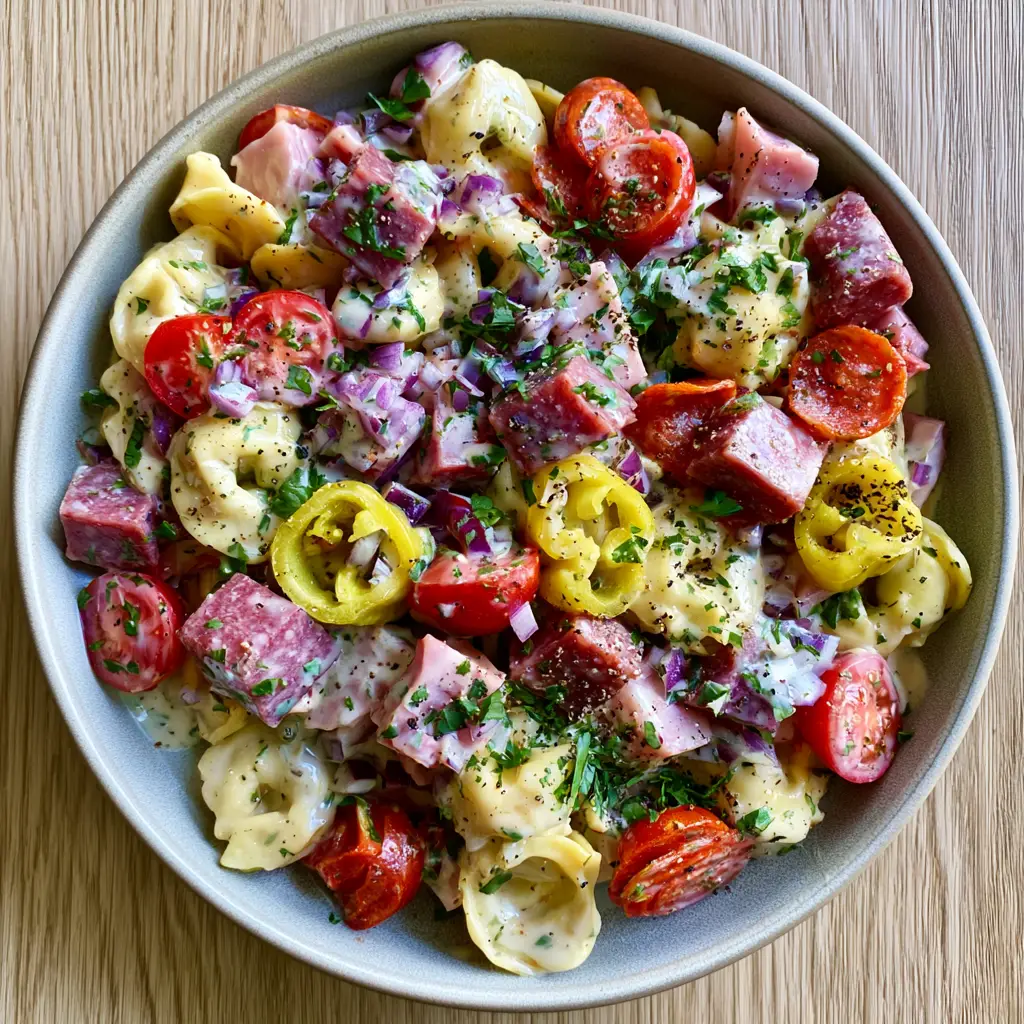 Close up shot of creamy Italian dressing pooling in the crevices of cheese-filled tortellini with cracked black pepper.